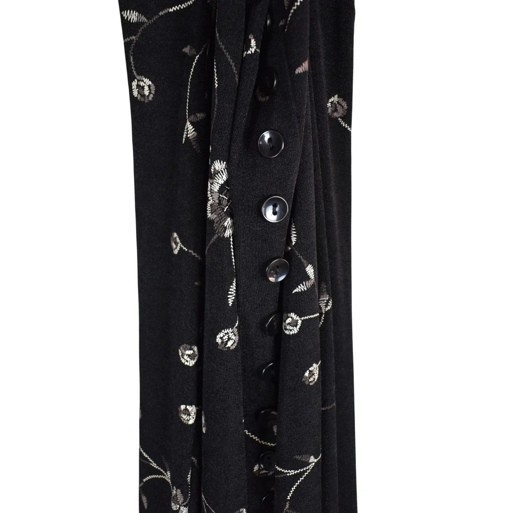 Vintage 90s Floral Midi Skirt Womens S Black Button Down Slinky Drapey Romantic